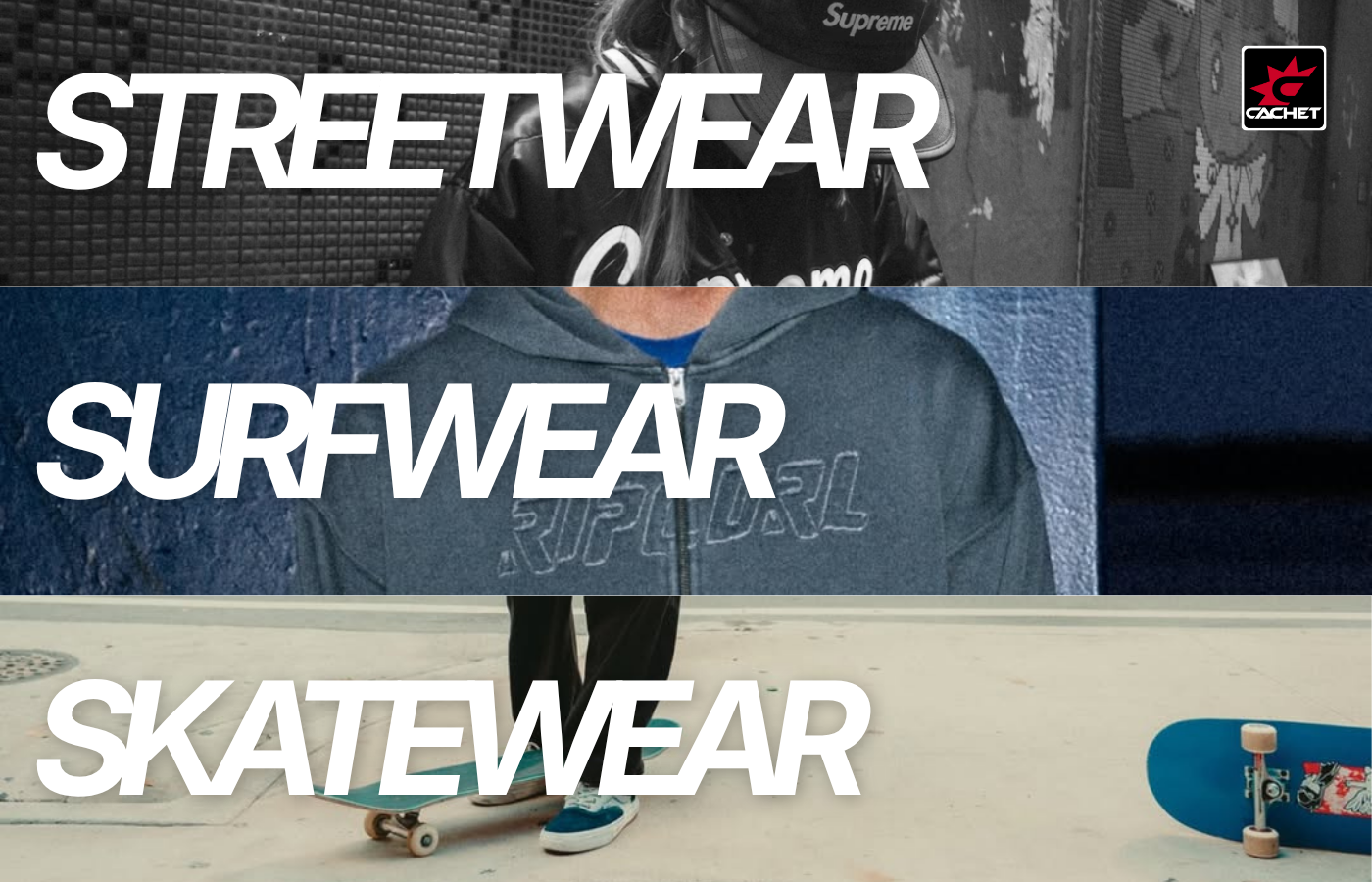 Comparativa visual entre streetwear skatewear y surfwear en distintos estilos